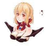  1girl alternate_hairstyle bare_shoulders bat_wings blonde_hair bow breasts cleavage color_guide demon_girl demstouts disgaea dress jewelry looking_at_viewer makai_senki_disgaea_2 palette pointy_ears red_bow red_eyes red_ribbon ribbon rozalin smile solo strapless strapless_dress upper_body white_background wings 
