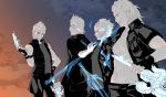  4boys black_clothes final_fantasy final_fantasy_xv floating_swords gladiolus_amicitia gun ignis_scientia jacket male_focus multiple_boys noctis_lucis_caelum open_clothes open_jacket partially_colored prompto_argentum sky soto_(20151217337) star_(sky) starry_sky sunset sword vest weapon 