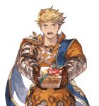  1boy blonde_hair brown_gloves cookie food gift gloves granblue_fantasy male_focus minaba_hideo official_art presenting short_hair sweatdrop transparent_background vambraces vane_(granblue_fantasy) white_day 