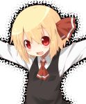  1girl black_dress blonde_hair blush dress eyebrows_visible_through_hair long_sleeves looking_at_viewer miiyon neckerchief open_mouth red_eyes red_neckerchief rumia short_hair smile solo touhou 