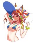  1girl absurdres alternate_costume animal_ears arched_back armpits bikini bikini_top blue_bikini breasts collarbone fang_out fate_(series) fox_ears from_side groin hair_over_shoulder hat highres large_breasts le_shu long_hair looking_at_viewer pink_hair sideboob smile sun_hat swimsuit tamamo_(fate)_(all) tamamo_no_mae_(swimsuit_lancer)_(fate) underboob upper_body yellow_eyes 