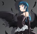  1girl bangs black_background black_feathers black_wings blue_hair choker dress elbow_gloves expressionless feathers frilled_gloves frills frown gloves layered_dress long_hair looking_at_viewer lourie love_live! love_live!_sunshine!! shadow side_bun solo tsushima_yoshiko violet_eyes wings 