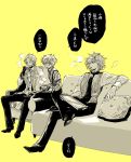  3boys beard book bow bowtie caster_(fate/extra_ccc) caster_of_red closed_eyes coffee edmond_dantes_(fate/grand_order) facial_hair fate/apocrypha fate/extra fate/extra_ccc fate/grand_order fate_(series) formal glasses male_focus monochrome multiple_boys smile smoking 