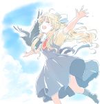  1girl ahoge air bird bird_on_arm blonde_hair closed_eyes clouds crow dress grey_dress happy high_ponytail kamio_misuzu long_hair mitsumoto_jouji necktie open_mouth outstretched_arms ponytail puffy_short_sleeves puffy_sleeves red_necktie running school_uniform short_sleeves sidelocks sky solo spread_arms teeth very_long_hair 