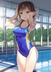  1girl armpits bare_shoulders breasts brown_eyes brown_hair competition_swimsuit covered_navel day dr_poapo highres idolmaster idolmaster_cinderella_girls idolmaster_cinderella_girls_starlight_stage indoors medium_breasts nitta_minami one-piece_swimsuit pool pool_ladder poolside reflection solo swimsuit towel wet 