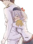  1boy 1girl admiral_(kantai_collection) beret blankasuka blue_eyes blush commentary_request epaulettes hat highres hug hug_from_behind kantai_collection kashima_(kantai_collection) military military_uniform miniskirt sidelocks silver_hair skirt uniform 