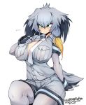  ... 1girl artist_name bad_anatomy belt bird_tail black_gloves black_hair blush bodystocking breasts closed_mouth collared_shirt commentary eyebrows_visible_through_hair fingerless_gloves gloves green_eyes grey_hair grey_shirt head_wings highres kemono_friends large_breasts long_hair looking_at_viewer low_ponytail multicolored_hair necktie orange_hair shirt shoebill_(kemono_friends) short_sleeves side_ponytail simple_background sitting slugbox solo white_background 