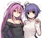  2girls :3 ahoge arm_up bangs bare_shoulders black_sweater blue_hair blush boater_hat bob_cut breasts character_request closed_mouth collarbone eyebrows_visible_through_hair eyes_visible_through_hair flat_chest green_eyes hair_between_eyes hair_flaps hairband half-closed_eyes hand_on_another&#039;s_hip hand_on_hip hat huge_ahoge long_hair long_sleeves looking_at_viewer medium_breasts mini_hat multiple_girls muryou off_shoulder orange_eyes parted_bangs phantasy_star phantasy_star_online_2 pom_pom_(clothes) purple_hair ribbed_sweater short_hair sidelocks simple_background sketch sleeves_past_wrists smirk standing sweater triangle_mouth turtleneck turtleneck_sweater upper_body very_long_hair white_background white_sweater 