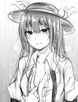  1girl blush breath collarbone eyebrows_visible_through_hair food fruit greyscale hair_between_eyes hair_over_shoulder hat hinanawi_tenshi long_hair looking_at_viewer monochrome open_clothes open_shirt parted_lips partially_unbuttoned peach rain seductive_smile shirt shirt_tug sketch smile solo steam touhou undressing upper_body wet wing_collar yuhito_(ablbex) 