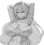  1girl :p arms_up breasts cleavage cleavage_cutout commentary eu03 granblue_fantasy head_wreath huge_breasts long_hair meme_attire open-chest_sweater ribbed_sweater rosetta_(granblue_fantasy) sagging_breasts sketch solo sweater tongue tongue_out 