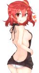 1girl :q absurdres ass backless_outfit bangs bare_back bare_shoulders black_sweater blush breasts brown_eyes butt_crack closed_mouth dimples_of_venus drawstring dress eyebrows_visible_through_hair fate/grand_order fate_(series) from_behind fujimaru_ritsuka_(female) hair_between_eyes hair_ornament hair_scrunchie halterneck hand_on_own_chest highres looking_at_viewer looking_back lowleg lowleg_panties medium_breasts meme_attire no_bra open-back_dress panties ranf redhead scrunchie short_hair side_ponytail sideboob simple_background smile solo star sweater sweater_dress tongue tongue_out turtleneck turtleneck_sweater underwear virgin_killer_sweater white_background white_panties