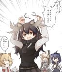  amai_nekuta animal_ears antlers armor black_hair blonde_hair brown_eyes brown_hair cape_porcupine_(kemono_friends) gauntlets hair_between_eyes kemono_friends lion_(kemono_friends) lion_ears long_hair long_sleeves moose_(kemono_friends) moose_ears multiple_girls open_mouth panties pleated_skirt ponytail porcupine_ears puzzle rhinoceros_ears scarf shoebill_(kemono_friends) skirt smile thigh-highs toy translation_request underwear white_background white_rhinoceros_(kemono_friends) 