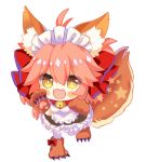  1girl :3 ahoge alternate_costume animal_ears apron bell bell_collar blush_stickers breasts chibi collar dress enmaided fangs fate/grand_order fate_(series) fox_ears fox_tail gx27 hair_ribbon long_hair looking_at_viewer maid maid_apron maid_headdress open_mouth paw_pose paws pink_hair ribbon simple_background solo star tail tamamo_(fate)_(all) tamamo_cat_(fate) thigh-highs white_background white_legwear yellow_eyes 