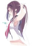  1girl adjusting_hair akemi_homura alternate_hairstyle armpit_peek artist_name black_eyes black_hair bra bra_peek bunching_hair glasses hairband highres kokoro6636 long_hair mahou_shoujo_madoka_magica midriff mouth_hold ponytail profile red-framed_eyewear school_uniform semi-rimless_glasses serafuku simple_background solo twitter_username tying_hair under-rim_glasses underwear white_background white_bra 