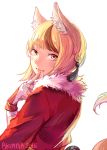  1girl animal_ears artist_name back blonde_hair blush brown_hair fingerless_gloves fire_emblem fire_emblem_if fox_ears fox_tail fur_trim gloves kinu_(fire_emblem_if) multicolored_hair piano_(agneschen) simple_background solo tail two-tone_hair white_background yellow_eyes 