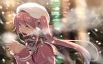  1girl alternate_costume beret breath brown_scarf closed_eyes commentary_request flower hair_flower hair_ornament harusame_(kantai_collection) hat kantai_collection long_hair long_sleeves open_mouth pink_hair side_ponytail solo takuzui very_long_hair white_flower winter 