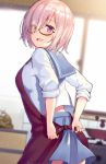  1girl apron arms_behind_back bangs black-framed_eyewear blurry blush cowboy_shot depth_of_field dutch_angle eyebrows_visible_through_hair eyes_visible_through_hair fate/grand_order fate_(series) from_behind from_side glasses hair_over_one_eye haru_(hiyori-kohal) indoors kitchen lavender_hair looking_at_viewer looking_back open_mouth pink_hair school_uniform semi-rimless_glasses serafuku shielder_(fate/grand_order) short_hair sleeves_rolled_up smile solo under-rim_glasses violet_eyes 
