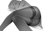  1girl ass asymmetrical_bangs bangs black_legwear blush closed_mouth crotch_seam greyscale legs_crossed lying monochrome on_side original panties panties_under_pantyhose pantyhose shoken_narai simple_background smile solo thighband_pantyhose thighs tomoe_(shoken_narai) underwear white_background 