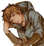  1boy bent_over bright_pupils brown_eyes brown_hair fighter_(granblue_fantasy) gran_(granblue_fantasy) granblue_fantasy hood hoodie looking_at_viewer male_focus sarry23 short_hair simple_background sketch smile solo vambraces white_background 