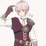  1boy artist_request belt brown_eyes character_name fire_emblem fire_emblem_echoes:_mou_hitori_no_eiyuuou gloves kliff_(fire_emblem) male_focus playing_with_own_hair purple_hair shoulder_pads simple_background solo upper_body 