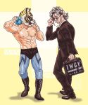  2boys abs black_hair briefcase curly_hair kenny_omega kyobashi long_hair looking_at_another mask multicolored_hair multiple_boys muscle new_japan_pro_wrestling silver_hair sunglasses tiger_mask tiger_mask_(series) tiger_mask_w two-tone_hair wrestling 