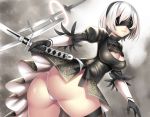  1girl ass beeyan blindfold hairband highres katana leotard light_smile looking_at_viewer mole mole_under_mouth nier_(series) nier_automata parted_lips short_hair skindentation solo sword thick_thighs thighs twisted_torso weapon white_hair white_leotard yorha_no._2_type_b 