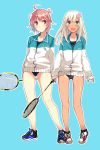  2girls :d ahoge aqua_background badminton_racket bare_legs blonde_hair blue_eyes blush flower hair_flower hair_ornament highres i-58_(kantai_collection) jacket kantai_collection long_hair looking_at_viewer multiple_girls open_mouth pink_eyes pink_hair racket ro-500_(kantai_collection) sahuyaiya school_swimsuit shoes short_hair simple_background smile sneakers swimsuit swimsuit_under_clothes tan tanline track_jacket 