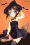  1girl ahoge bat black_gloves black_hair blue_eyes blush braid broom broom_riding dress gloves hair_ornament hair_over_shoulder hairclip halloween halloween_costume hat highres jack-o&#039;-lantern jack-o&#039;-lantern_hair_ornament kantai_collection long_hair metindone pumpkin shigure_(kantai_collection) single_braid solo twitter_username witch_hat 