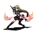  1girl bediere_(entaku_no_kishi) black_boots black_shirt blonde_hair boots bow braid divine_gate entaku_no_kishi fire full_body hair_bow holding holding_sword holding_weapon long_hair looking_at_viewer low-tied_long_hair official_art pleated_skirt red_bow red_eyes shadow shirt short_sleeves skirt solo standing sword transparent_background ucmm very_long_hair weapon 