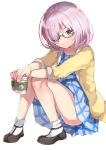  &gt;:) 1girl alternate_costume bangs blush brown-framed_eyewear brown_shoes cardigan casual closed_mouth coffee_cup cup fate/grand_order fate_(series) full_body glasses hair_over_one_eye highres holding holding_cup knees_together_feet_apart lavender_hair looking_at_viewer mugcup open_cardigan open_clothes purple_hair semi-rimless_glasses shielder_(fate/grand_order) shoes short_hair simple_background sitting sleeves_past_elbows smile socks solo thighs under-rim_glasses violet_eyes white_background white_legwear 