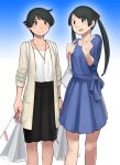  2girls alternate_costume bag black_hair casual green_eyes kantai_collection mikuma_(kantai_collection) mitsukoshi_(department_store) mogami_(kantai_collection) multiple_girls official_art shibafu_(glock23) shopping_bag short_hair twintails 