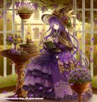  1girl belt book bow bowtie braid company_name dress flower food fruit full_body gyakushuu_no_fantasica hat leaf long_hair official_art petals purple_hair reki_(pixiv) sitting solo squirrel tree violet_eyes witch_hat 