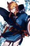  1boy belt blue_cape blue_clothes blue_eyes cape earrings highres holding holding_sword holding_weapon hood hood_down jewelry light_brown_hair link long_hair male_focus parted_lips pointy_ears quiver shield side_glance sidelocks solo standing sword takechu the_legend_of_zelda the_legend_of_zelda:_breath_of_the_wild tunic weapon 