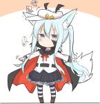  ... 1girl alternate_hairstyle animal_ears bat_wings belt blue_eyes blue_hair cape chibi commentary dog_ears dog_tail flat_cap halloween halloween_costume hat hibiki_(kantai_collection) kantai_collection kemonomimi_mode nonono_(mino) pleated_skirt school_uniform serafuku shoes skirt solo striped striped_legwear tail twintails vampire_costume verniy_(kantai_collection) wings 