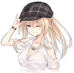  1girl alternate_costume anchor anchor_symbol azuuru_(azure0608) bare_shoulders bismarck_(kantai_collection) blonde_hair blue_eyes breasts casual cleavage collarbone collared_shirt commentary_request floating_hair hat_tip highres jewelry kantai_collection long_hair looking_at_viewer medium_breasts necklace no_bra one_eye_closed shirt smile solo upper_body watch watch white_shirt 