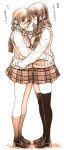  2girls beige black_hair blush braid commentary_request full_body glasses hand_on_another&#039;s_hip highres hiyohiyo kneehighs loafers long_hair long_sleeves miniskirt monochrome multiple_girls plaid plaid_scarf plaid_skirt pleated_skirt scarf school_uniform shared_scarf shoes short_hair simple_background skirt standing striped striped_legwear sweater_vest thigh-highs translation_request vertical-striped_legwear vertical_stripes white_background winter_clothes winter_uniform yuri zettai_ryouiki 