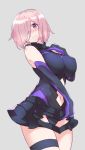  1girl 3: bangs bare_shoulders black_gloves black_legwear black_leotard blush breasts closed_mouth cowboy_shot elbow_gloves erect_nipples erect_nipples_under_clothes eyebrows_visible_through_hair fate/grand_order fate_(series) gloves grey_background hair_over_one_eye hand_on_own_chest hand_up impossible_clothes inuchazuke large_breasts lavender_hair leotard looking_at_viewer navel navel_cutout pink_hair purple_gloves shielder_(fate/grand_order) short_hair simple_background solo standing thigh-highs thighs violet_eyes 