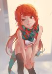  1girl absurdres adjusting_clothes adjusting_legwear bangs bare_arms bare_shoulders bent_over black_legwear blurry blurry_background contrapposto depth_of_field dungeon_and_fighter feet_out_of_frame green_scarf highres litra_(ltr0312) long_hair looking_at_viewer navel panties parted_lips pink_panties pointy_ears red_eyes redhead scarf solo standing thigh-highs underwear witch_(dungeon_and_fighter) 