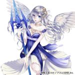  1girl bare_shoulders blue_eyes bow breasts choco_holic cleavage dress gem hair_bead hair_bow hair_ornament kaizoku_ookoku_koronbusu long_hair looking_at_viewer medium_breasts pale_skin polearm scales solo standing standing_on_one_leg trident watermark weapon white_bow white_hair white_wings wings wristband 