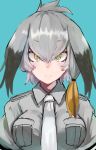  1girl absurdres aqua_background black_hair breasts collared_shirt facing_viewer grey_shirt head_wings highres kemono_friends long_hair looking_at_viewer low_ponytail multicolored_hair necktie nyakonro_(nekonro) orange_hair shirt shoebill_(kemono_friends) side_ponytail silver_hair silver_necktie solo upper_body yellow_eyes 