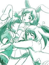  3girls :d :o ^_^ animal_ears animal_hood between_breasts blush bow breast_smother breasts bunny_hood closed_eyes detached_sleeves earmuffs green hair_bow head_between_breasts hood hug hug_from_behind large_breasts looking_back love_live! love_live!_school_idol_project multiple_girls open_mouth rabbit_ears sketch skirt smile sonoda_umi toujou_nozomi trembling urutsu_sahari yazawa_nico 