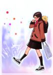  1girl backpack bag blush brown_eyes brown_hair bubble bubble_blowing bukimi_isan coat commentary_request idolmaster idolmaster_million_live! kitazawa_shiho kneehighs light_smile long_hair plastic_bag profile red_scarf scarf shoes skirt sneakers soap_bubbles solo stuffed_toy walking 