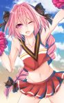 1boy arm_up armpits blush braid cheerleader clothes_writing crop_top crop_top_overhang fang fate/apocrypha fate_(series) hair_ribbon highres long_hair looking_at_viewer male_focus midriff navel one_eye_closed open_mouth pink_hair pom_poms ribbon rider_of_black shisei_(kyuushoku_banchou) single_braid skirt sleeveless smile solo trap violet_eyes 