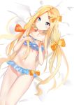  1girl abigail_williams_(fate/grand_order) absurdres bangs bare_arms bare_shoulders bed_sheet bikini blonde_hair blue_bikini_top blue_eyes blush bow breasts closed_mouth collarbone commentary_request dutch_angle eyebrows_visible_through_hair fate/grand_order fate_(series) forehead hair_bow hair_ornament hands_on_own_chest hands_up highres key_hair_ornament layered_bikini long_hair looking_at_viewer lying mismatched_bikini navel on_back orange_bow parted_bangs small_breasts solo swimsuit very_long_hair white_bikini_bottom yukaa 