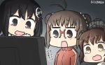  3girls antenna_hair black_hair brown_hair commentary dated double_bun glasses gloves haguro_(kantai_collection) hair_ornament hamu_koutarou highres kantai_collection multiple_girls naka_(kantai_collection) open_mouth short_hair tearing_up television track_suit white_gloves yukikaze_(kantai_collection) 