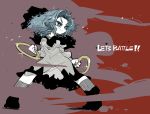  1girl black_boots blue_eyes boots colored_eyelashes fighting_stance grey_legwear hood hood_down hooded_dress kumoi_ichirin light_blue_hair long_hair long_sleeves looking_afar see-through_silhouette smile solo sparkle touhou wide_stance wind yt_(wai-tei) 