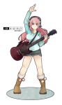  1girl boots breasts electric_guitar fur_trim guitar headphones instrument large_breasts looking_at_viewer nitroplus obake_(lemon_creme) pink_eyes pink_hair pom_pom_(clothes) smile solo super_sonico 