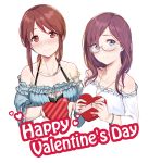  2girls bangs bare_shoulders bead_necklace beads blue_eyes blush breasts brown_hair closed_mouth collarbone deneb_(noble324) eyebrows_visible_through_hair gift hands_up happy_valentine heart heart-shaped_box highres holding holding_gift idolmaster idolmaster_cinderella_girls jewelry light_smile long_hair looking_at_viewer medium_breasts mifune_miyu multiple_girls necklace off_shoulder original ponytail sidelocks simple_background valentine white_background yagami_makino 
