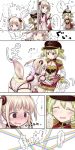  2girls blonde_hair blush comic dog_tail embarrassed epaulettes falling gloves green_hair halo hand_holding hat hicha_wynn highres interlocked_fingers mahou_shoujo_ikusei_keikaku mahou_shoujo_ikusei_keikaku_limited multiple_girls postarie rain_pou rainbow short_hair smile tail wings yuri 