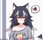  1girl :t ? animal_ears black_hair blue_eyes brand_name_imitation breasts collarbone cup_noodle disco_brando food grey_wolf_(kemono_friends) heterochromia kemono_friends long_hair looking_at_viewer multicolored_hair solo speech_bubble tail twitter_username two-tone_hair wolf_ears wolf_tail yellow_eyes 